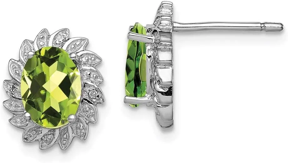 Real 925 Sterling Silver Peridot Green August Gemstone and Diamond Post Studs Earrings - 12mm x 10mm (.03 cttw.)