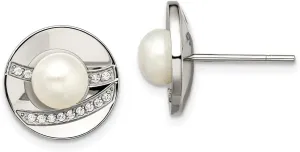 Real Stainless Steel CZ Cubic Zirconia and Freshwater Cultured Pearl Post Studs Earrings