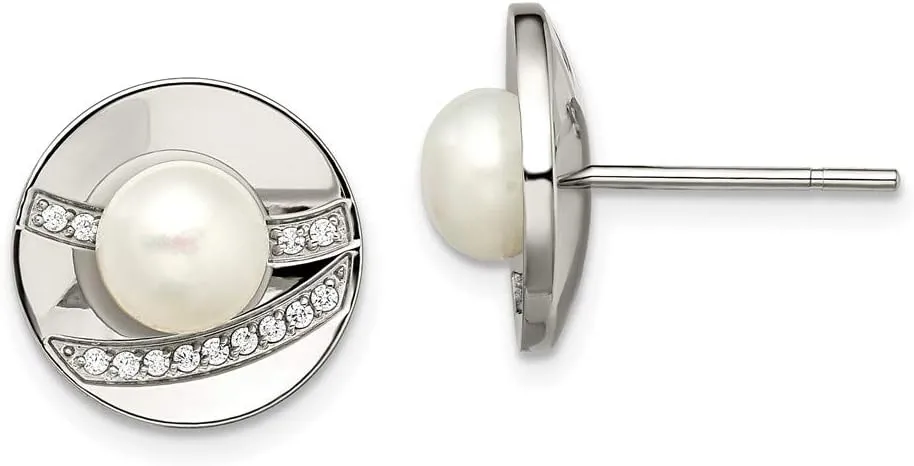 Real Stainless Steel CZ Cubic Zirconia and Freshwater Cultured Pearl Post Studs Earrings