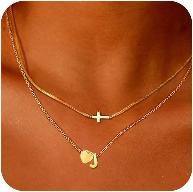 RechicGu 2 Pcs Heart Initial Pendant and Cross Necklace for Women, 18K Gold Plated Jewelry Dainty Tiny Side Cross Choker Trendy Letter Charms Chain Gifts for Her