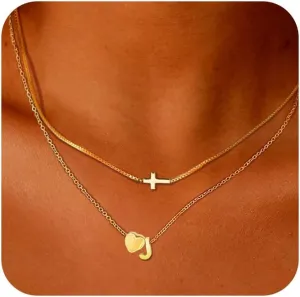 RechicGu 2 Pcs Heart Initial Pendant and Cross Necklace for Women, 18K Gold Plated Jewelry Dainty Tiny Side Cross Choker Trendy Letter Charms Chain Gifts for Her
