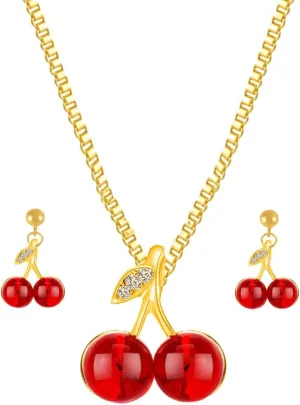 Red Cherry Necklace Earring Sets for Women Cute Fruit Cherry Pendant Necklace Fashion Plant Cherry Dangle Drop Earring Cubic Zirconia Cherry Jewelry