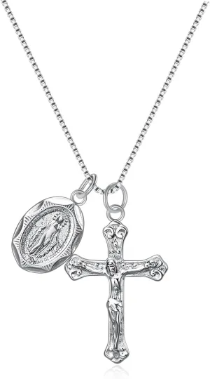 Rnivida 925 Sterling Silver Crucifix Cross and Miraculous Medal Pendant Necklace for Women
