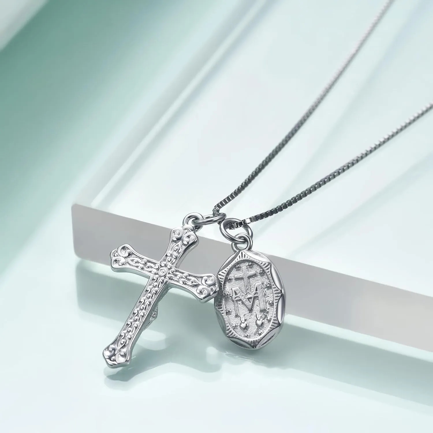 Rnivida 925 Sterling Silver Crucifix Cross and Miraculous Medal Pendant Necklace for Women