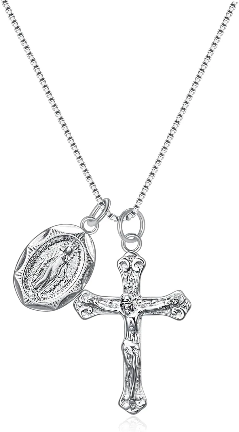 Rnivida 925 Sterling Silver Crucifix Cross and Miraculous Medal Pendant Necklace for Women