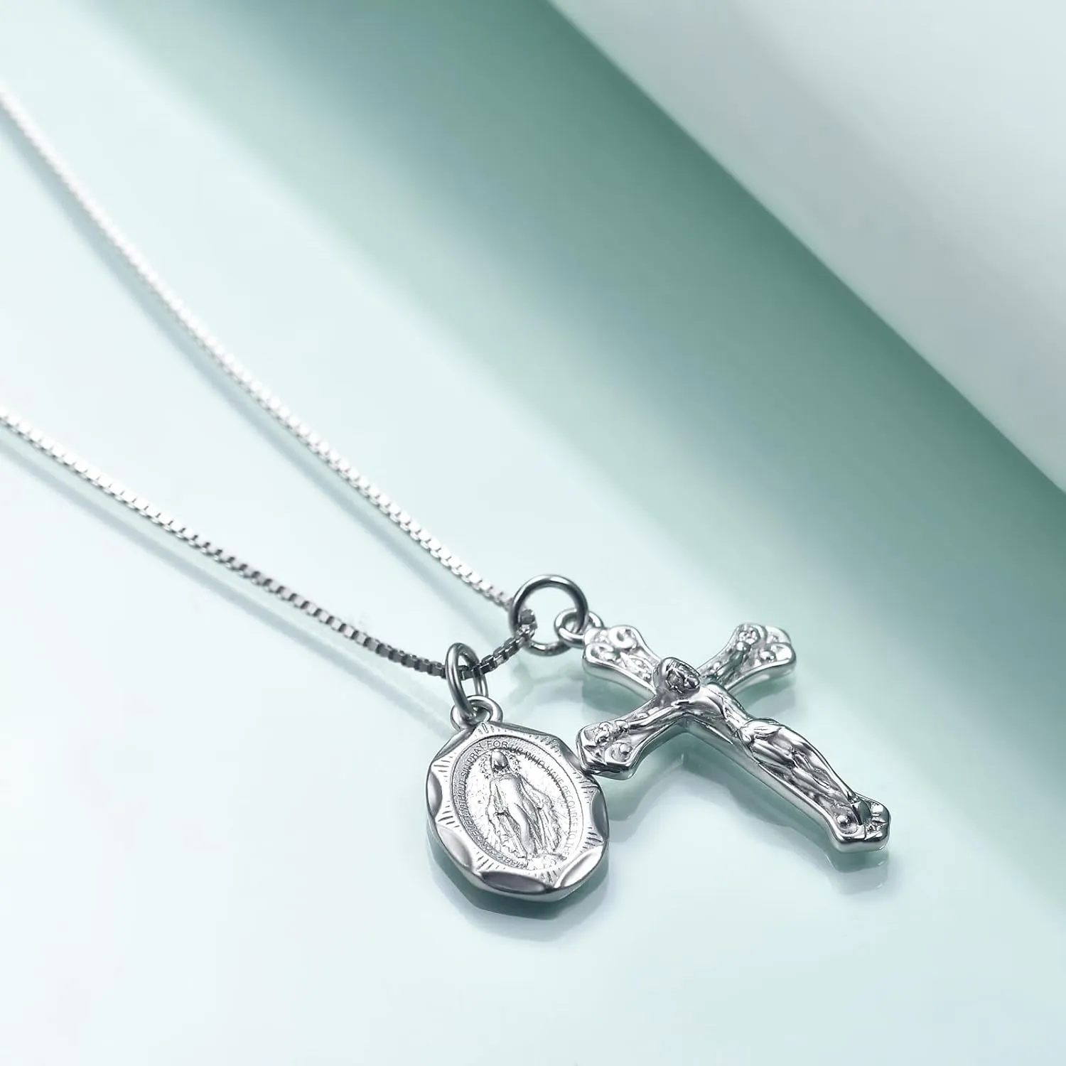 Rnivida 925 Sterling Silver Crucifix Cross and Miraculous Medal Pendant Necklace for Women