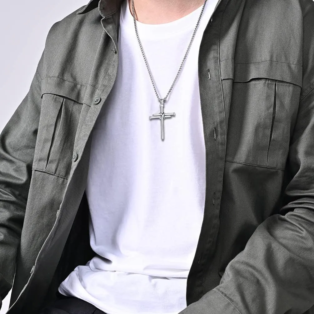 Rnivida Men's Nail Cross Necklace Stainless Steel Cross Pendant Necklace Christian Jewelry Gift for Men