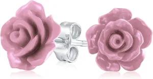 Romantic Delicate Pink Blue Yellow Green Black Purple White Red Floral Blooming 3D Carved 10MM Rose Flower Post Stud Earrings For Women Teen Lightweight