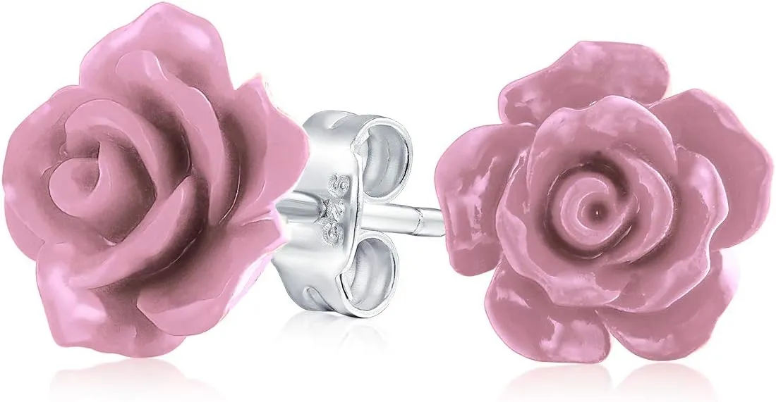 Romantic Delicate Pink Blue Yellow Green Black Purple White Red Floral Blooming 3D Carved 10MM Rose Flower Post Stud Earrings For Women Teen Lightweight