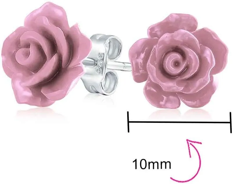 Romantic Delicate Pink Blue Yellow Green Black Purple White Red Floral Blooming 3D Carved 10MM Rose Flower Post Stud Earrings For Women Teen Lightweight