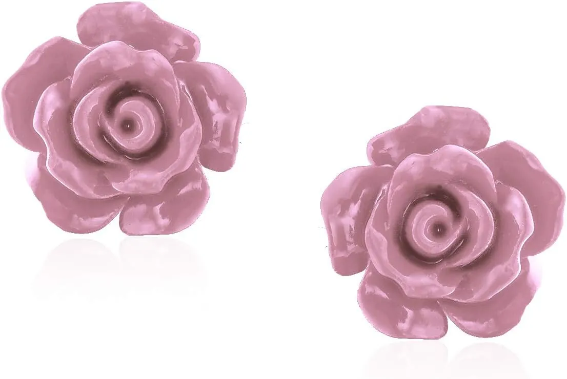 Romantic Delicate Pink Blue Yellow Green Black Purple White Red Floral Blooming 3D Carved 10MM Rose Flower Post Stud Earrings For Women Teen Lightweight