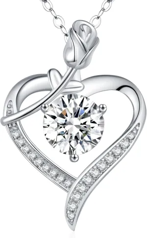 Rose Heart Pendant Necklace for Wife Moissanite Lab-Created Gem Jewelry for Women I Love You Wedding Anniversary Birthday Christmas Valentines Engagements Mothers Day for Her Girlfriend Mom Daughter