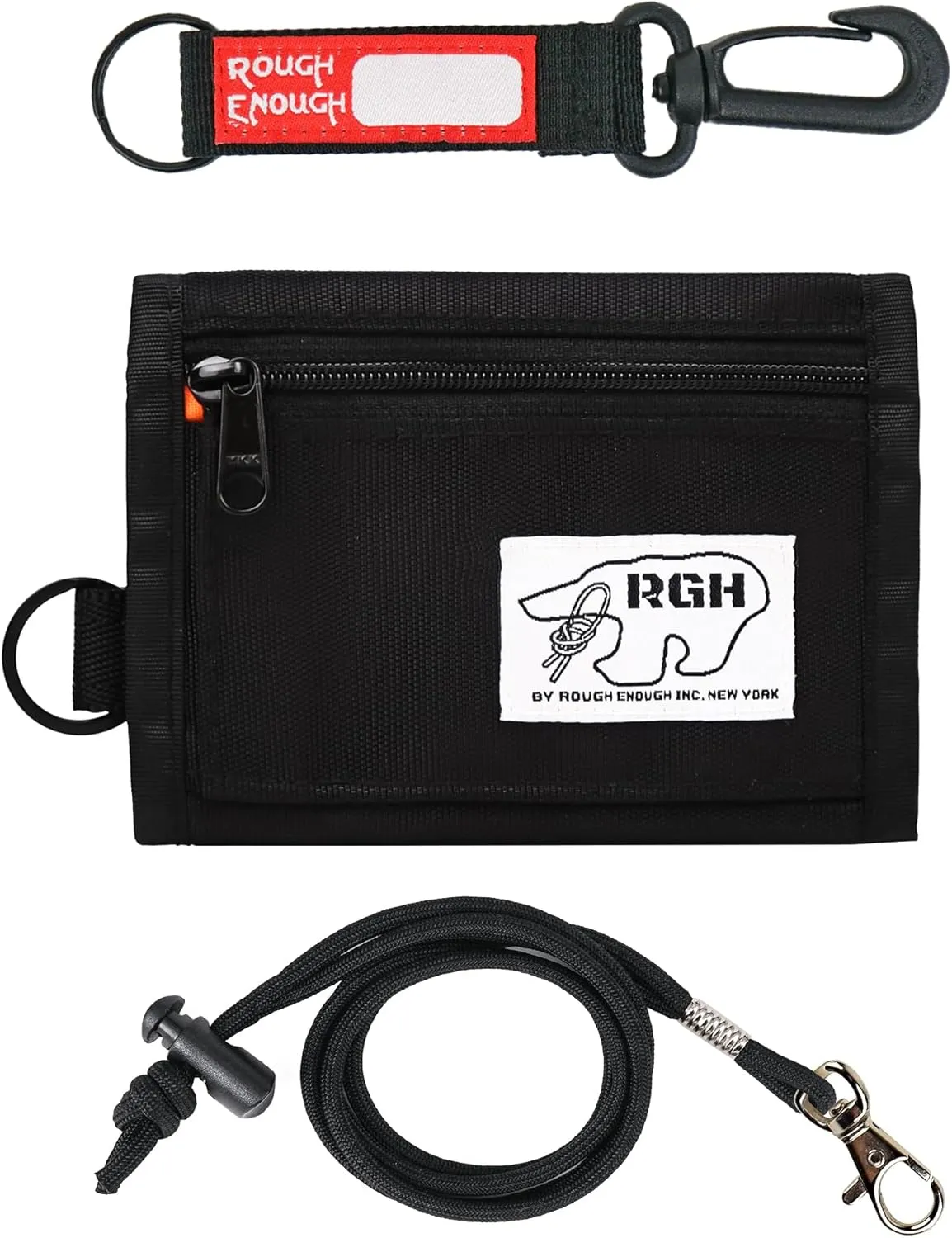 Rough Enough Boys Wallet for Kids with Keychain Neck lanyard Present Packaging Weather Resistant Black Cordura