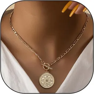 Rrdaily Trendy Gold Large Medallion Pendant Necklace for Women Punk Silver Toggle Clasp Chain Choker Necklace Birthday Anniversary Jewelry Gift