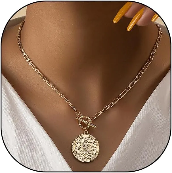 Rrdaily Trendy Gold Large Medallion Pendant Necklace for Women Punk Silver Toggle Clasp Chain Choker Necklace Birthday Anniversary Jewelry Gift