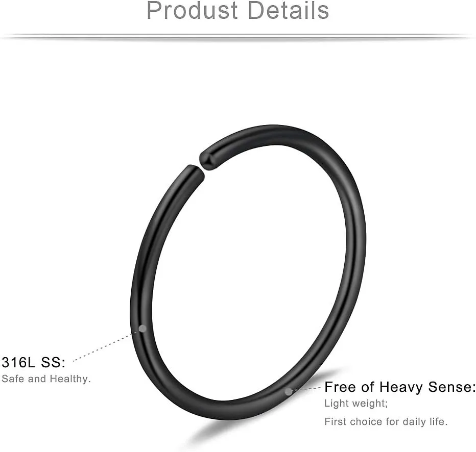 Ruifan 6-48pcs Fake Nose Hoop Rings 20 Gauge Stainless Steel Faux Clip On Lip Tragus Septum Nose Ring Body Piercing Jewelry 6-12mm