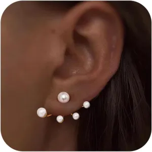 S925 Silver Pearl Ear Jacket Earrings for Women, Minimalist White Pearl Front Back Stud Earrings 14K Plated Gold Delicate Ear Crawlers Earring Graduation Gift