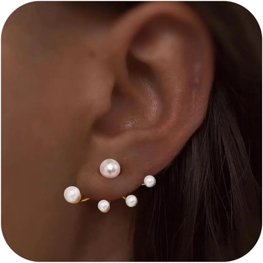 S925 Silver Pearl Ear Jacket Earrings for Women, Minimalist White Pearl Front Back Stud Earrings 14K Plated Gold Delicate Ear Crawlers Earring Graduation Gift