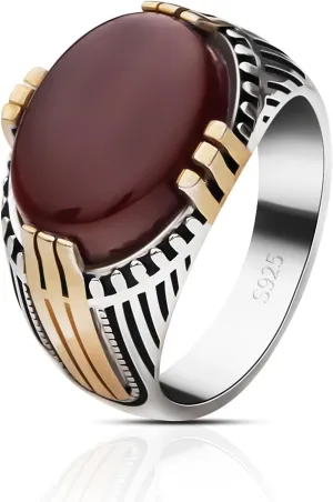 S925 Sterling Silver Onyx Ring for Men Handmade Statement Ring with Oval Natural Red Agate Stone Cool Vintage Turkish Handmade for Mens Luxury Jewelry Gift