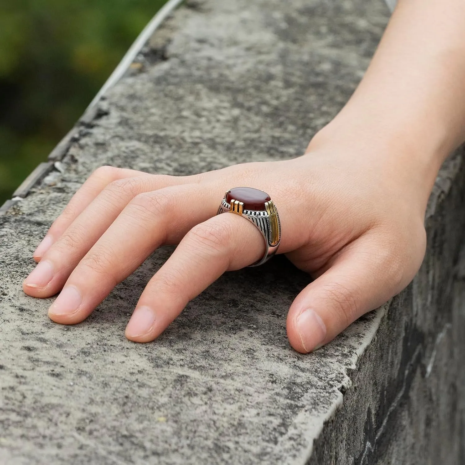 S925 Sterling Silver Onyx Ring for Men Handmade Statement Ring with Oval Natural Red Agate Stone Cool Vintage Turkish Handmade for Mens Luxury Jewelry Gift