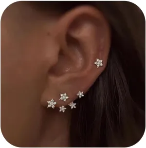 S925 Sterling Silver White CZ Star Jacket Earrings to Women, 14K Gold Plated Shiny Bling Cz Stars Cluster Stud Earrings Delicate Red CZ Stars Ear Crawlers Earring Christmas Jewelry Gift Graduation Gift
