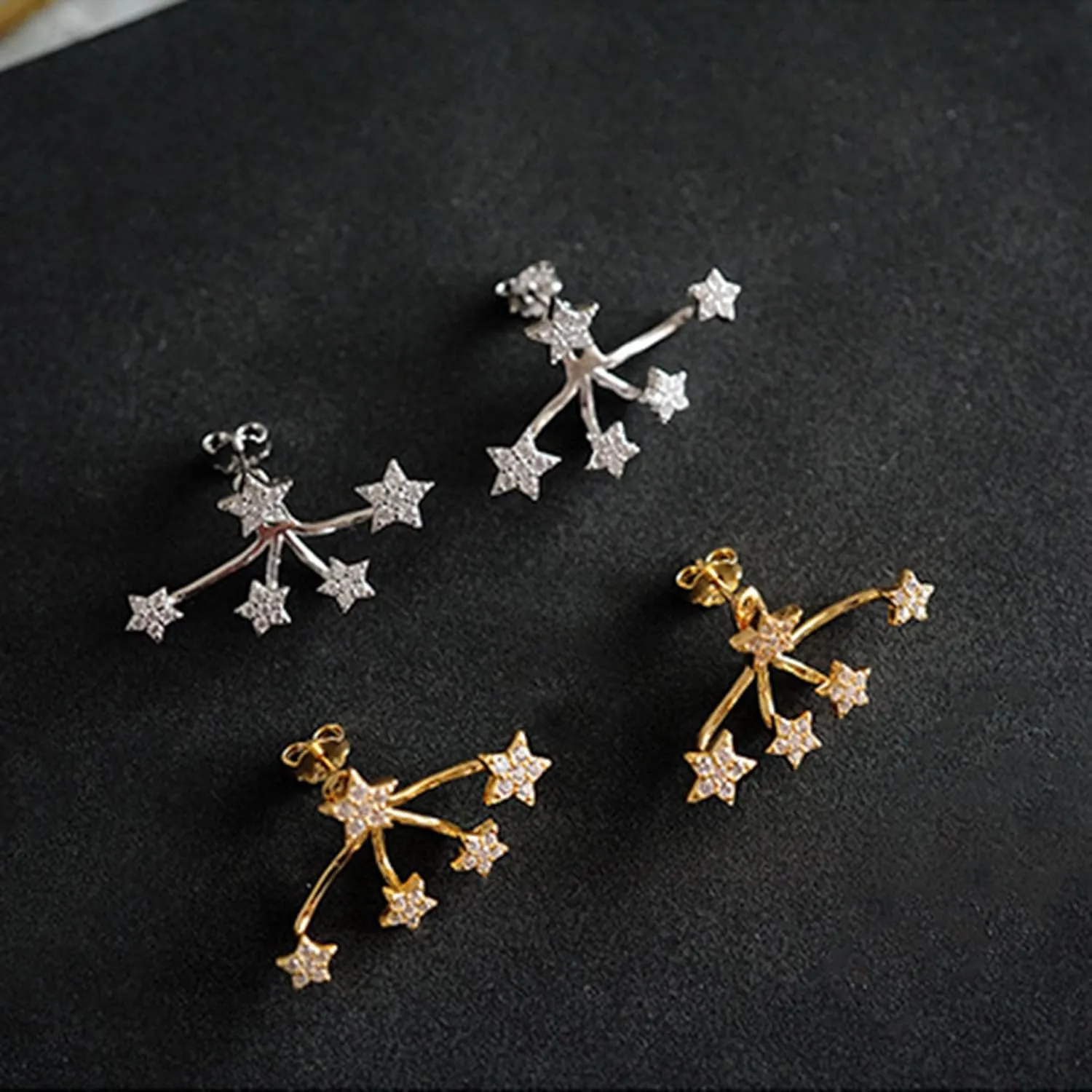 S925 Sterling Silver White CZ Star Jacket Earrings to Women, 14K Gold Plated Shiny Bling Cz Stars Cluster Stud Earrings Delicate Red CZ Stars Ear Crawlers Earring Christmas Jewelry Gift Graduation Gift