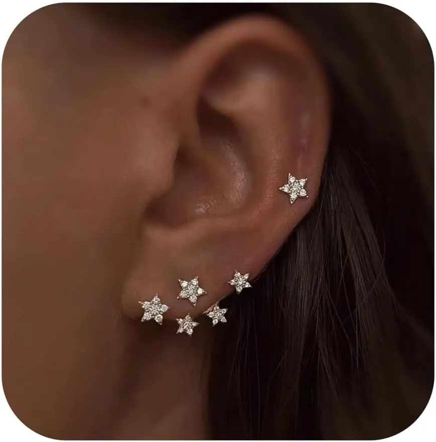 S925 Sterling Silver White CZ Star Jacket Earrings to Women, 14K Gold Plated Shiny Bling Cz Stars Cluster Stud Earrings Delicate Red CZ Stars Ear Crawlers Earring Christmas Jewelry Gift Graduation Gift