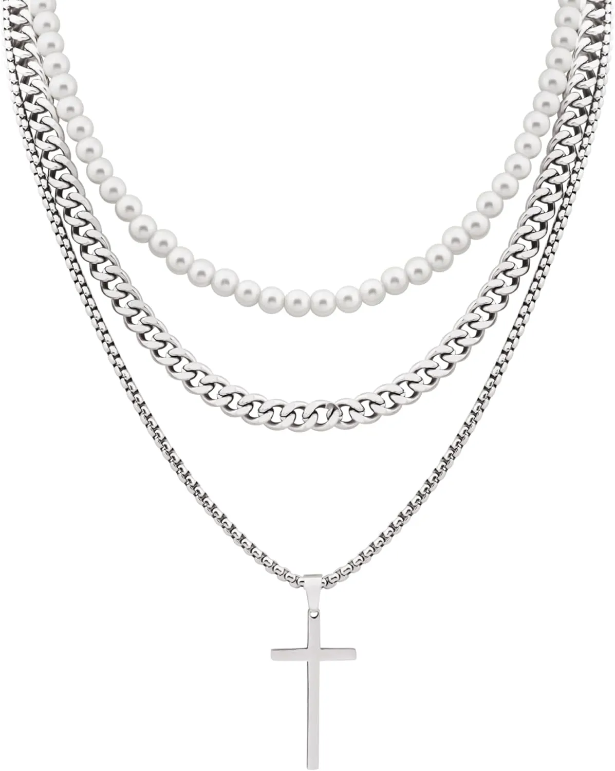 Sacina Layered Imitation-Pearl Cross Necklace, Gothic Goth Emo Grunge Necklace, Christmas Jewelry Gift