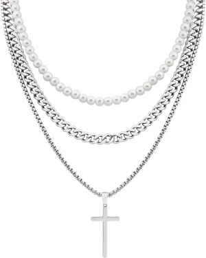 Sacina Layered Imitation-Pearl Cross Necklace, Gothic Goth Emo Grunge Necklace, Christmas Jewelry Gift