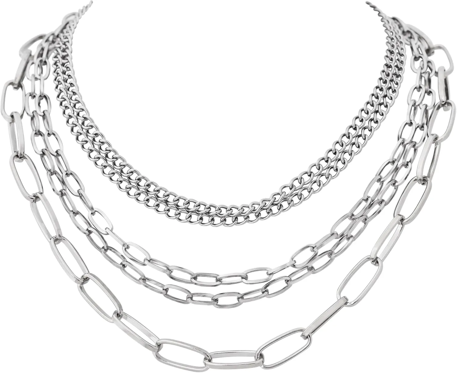 Sacina Silver-tone Layered Choker Chunky Silver-tone Necklace, Chain Silver-tone Stacked Necklace for Women, Christmas Jewelry Gift for Women