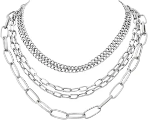 Sacina Silver-tone Layered Choker Chunky Silver-tone Necklace, Chain Silver-tone Stacked Necklace for Women, Christmas Jewelry Gift for Women