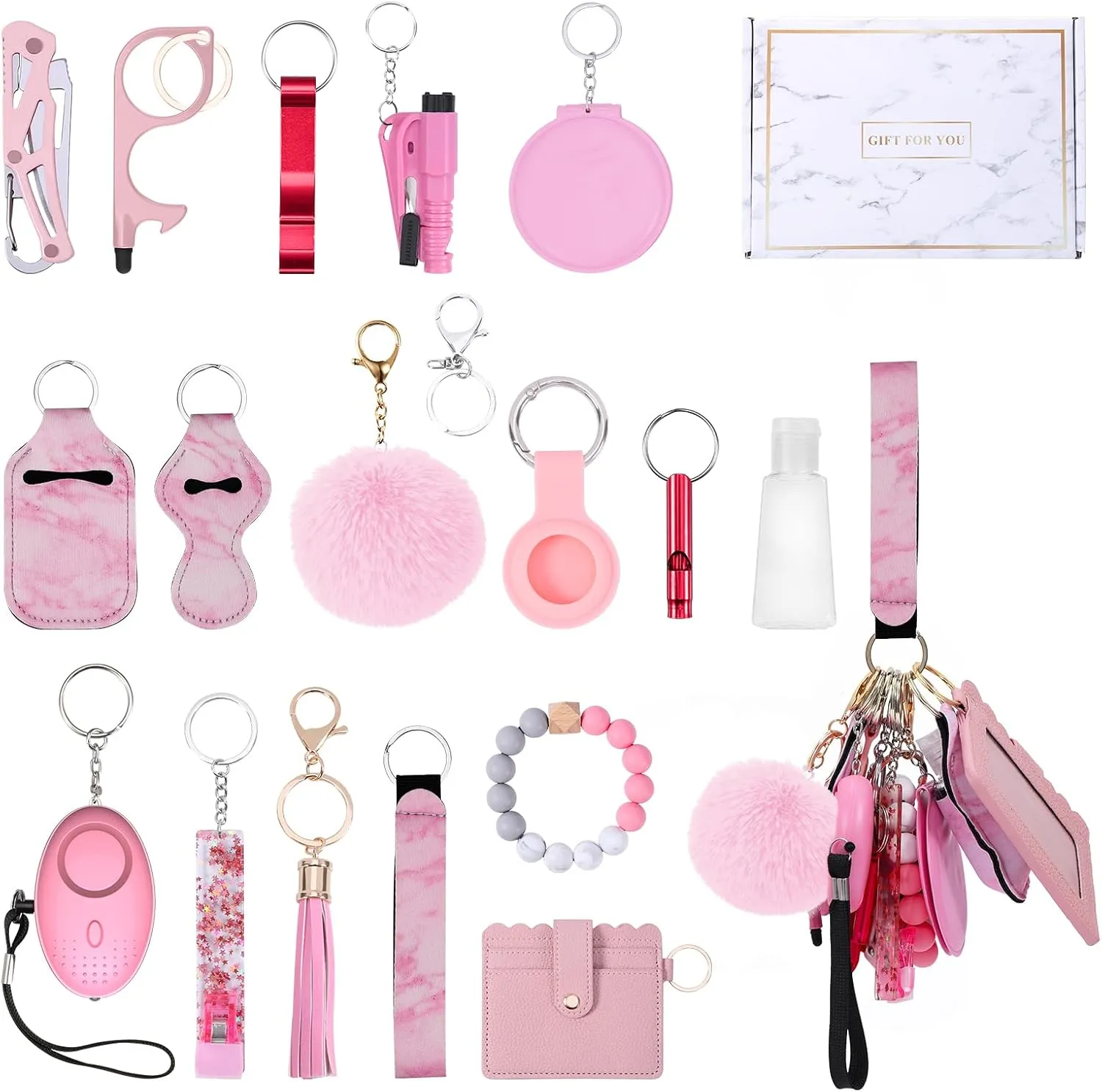 Safety Keychain Set for Women, with Personal Alarms, Bottle Opener, Pom Pom, Mirror, Whistle, Bead String, Card Bag