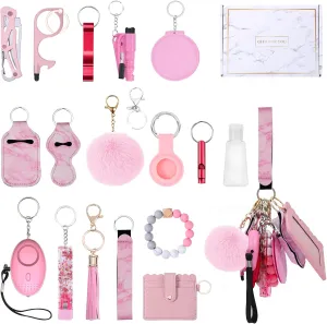 Safety Keychain Set for Women, with Personal Alarms, Bottle Opener, Pom Pom, Mirror, Whistle, Bead String, Card Bag