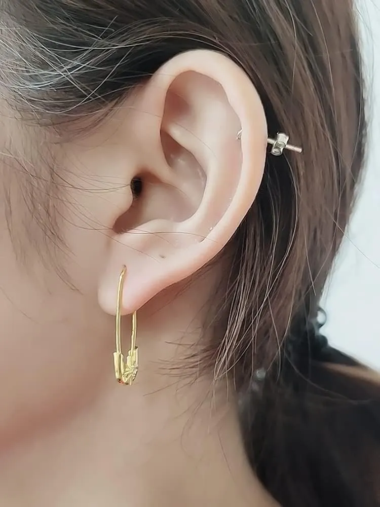 Safety Pin Dangle Earring Paper Clip Gold Plated Hoop Minimalist Cubic Zirconia Stylish Cartilage Punk Star Tiny Huggie Travel Accessories for Women Delicate Jewelry Gift Christmas Birthday