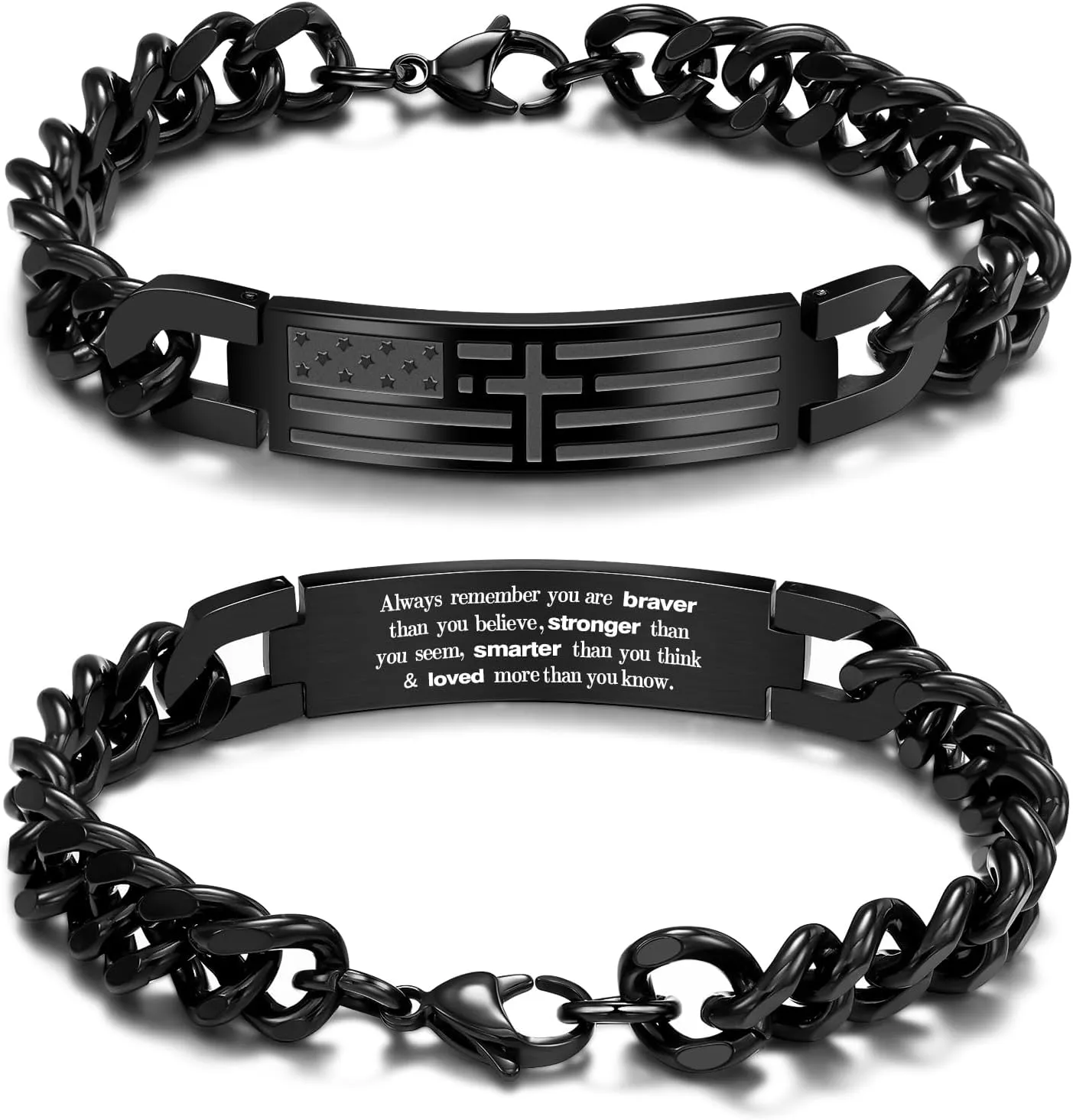 Saintda American Flag Dog Tag Cross Bracelet for Men - 13.5 Inch Black Cuban Chain with Bible Verse, Adjustable Length Religious Mens Jewelry for Faith
