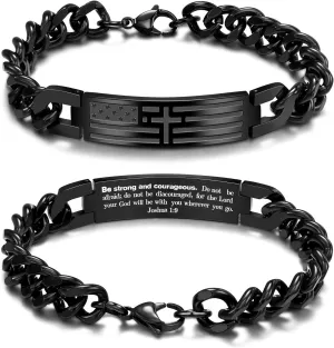 Saintda American Flag Dog Tag Cross Bracelet for Men - 13.5 Inch Black Cuban Chain with Bible Verse, Adjustable Length Religious Mens Jewelry for Faith