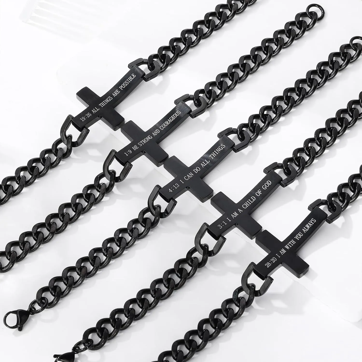 Saintda Patriotic Engraved American Flag Bible Verse Cross Bracelet for Men, Black Stainless Steel Cuban Chain 13.5 Inch Adjustable Christian Religious Jewelry Gift for Him