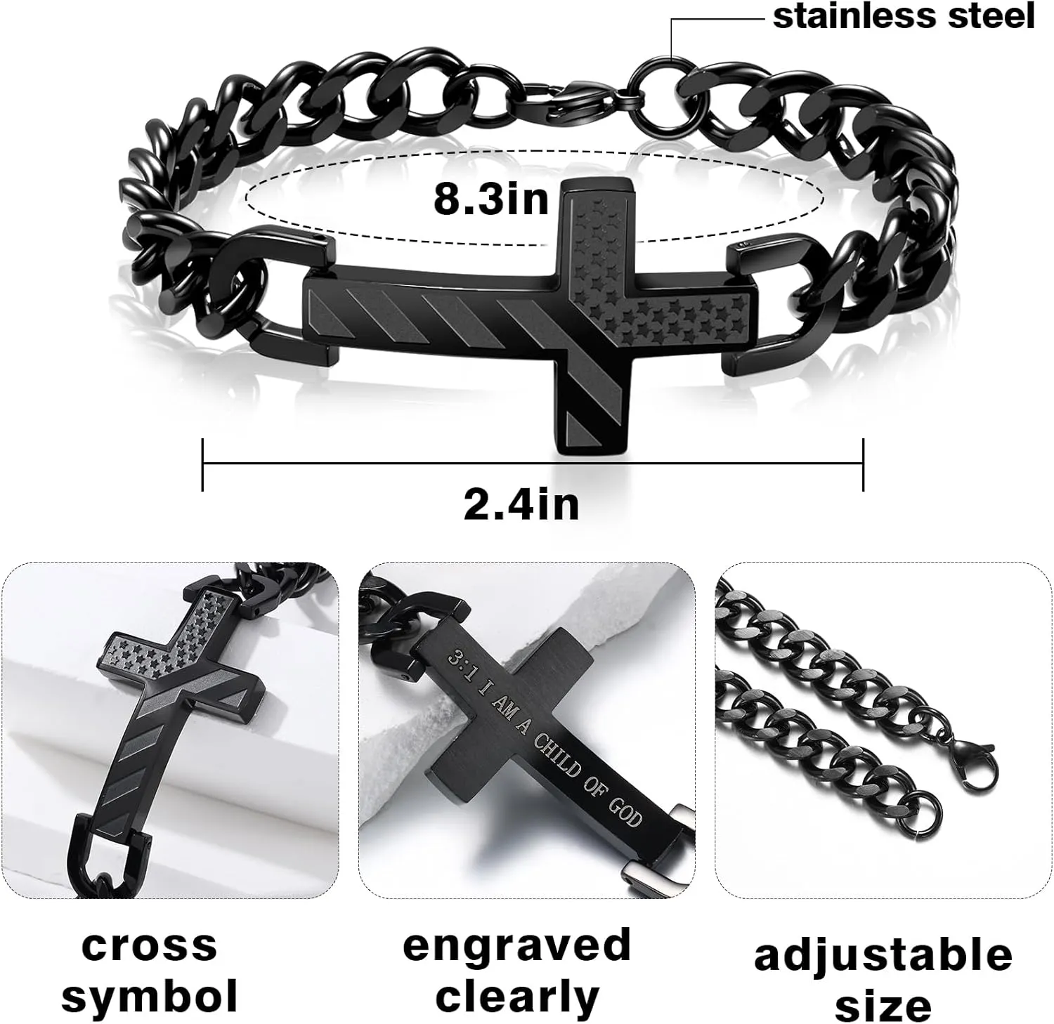 Saintda Patriotic Engraved American Flag Bible Verse Cross Bracelet for Men, Black Stainless Steel Cuban Chain 13.5 Inch Adjustable Christian Religious Jewelry Gift for Him