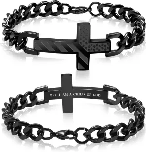 Saintda Patriotic Engraved American Flag Bible Verse Cross Bracelet for Men, Black Stainless Steel Cuban Chain 13.5 Inch Adjustable Christian Religious Jewelry Gift for Him