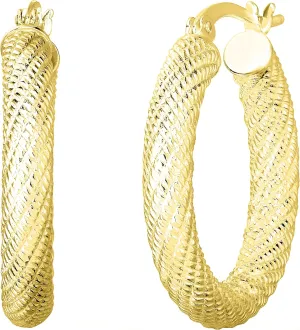 Savlano 925 Sterling Silver Diamond Cut 4MM Round Hoop Earrings- 14K Plated Hoop Earrings for Women Comes with a Gift Box- Made in Italy