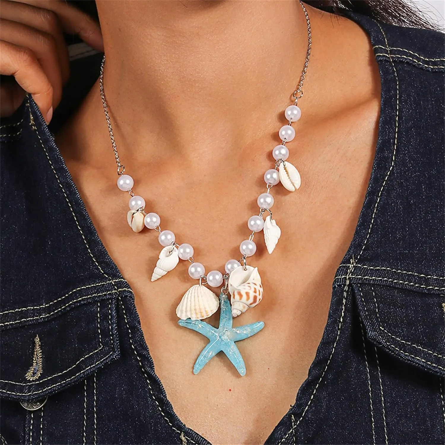 Seashell Necklace Boho Starfish Necklace Vintage Pearl Conch Choker Summer Holiday Beach Accessories Jewelry for Women