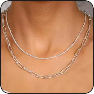 Silver Layered Paperclip Chain Necklace with Rhinestone Choker for Women