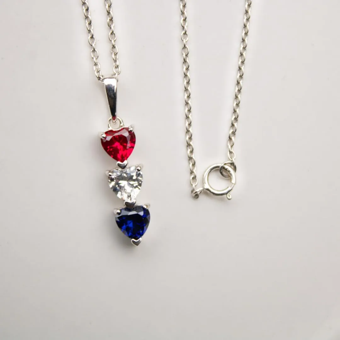 Silver Smile Sterling Silver 3 Birthstone Pendant for Women  Lab-Grown Ruby, White & Blue Gemstones  Hypoallergenic & Tarnish Resistant  925 Rhodium-Plated Pendant  Elegant Patriotic Gift for Her