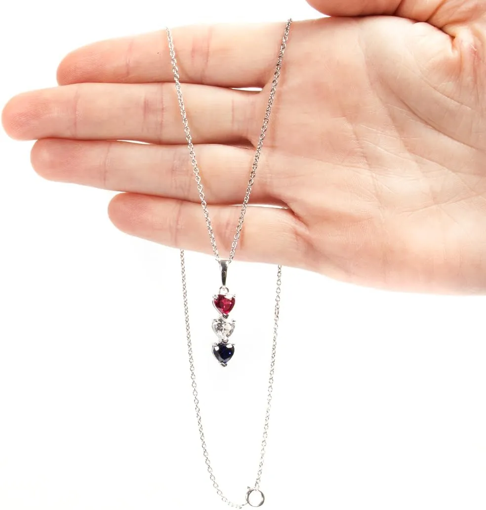 Silver Smile Sterling Silver 3 Birthstone Pendant for Women  Lab-Grown Ruby, White & Blue Gemstones  Hypoallergenic & Tarnish Resistant  925 Rhodium-Plated Pendant  Elegant Patriotic Gift for Her