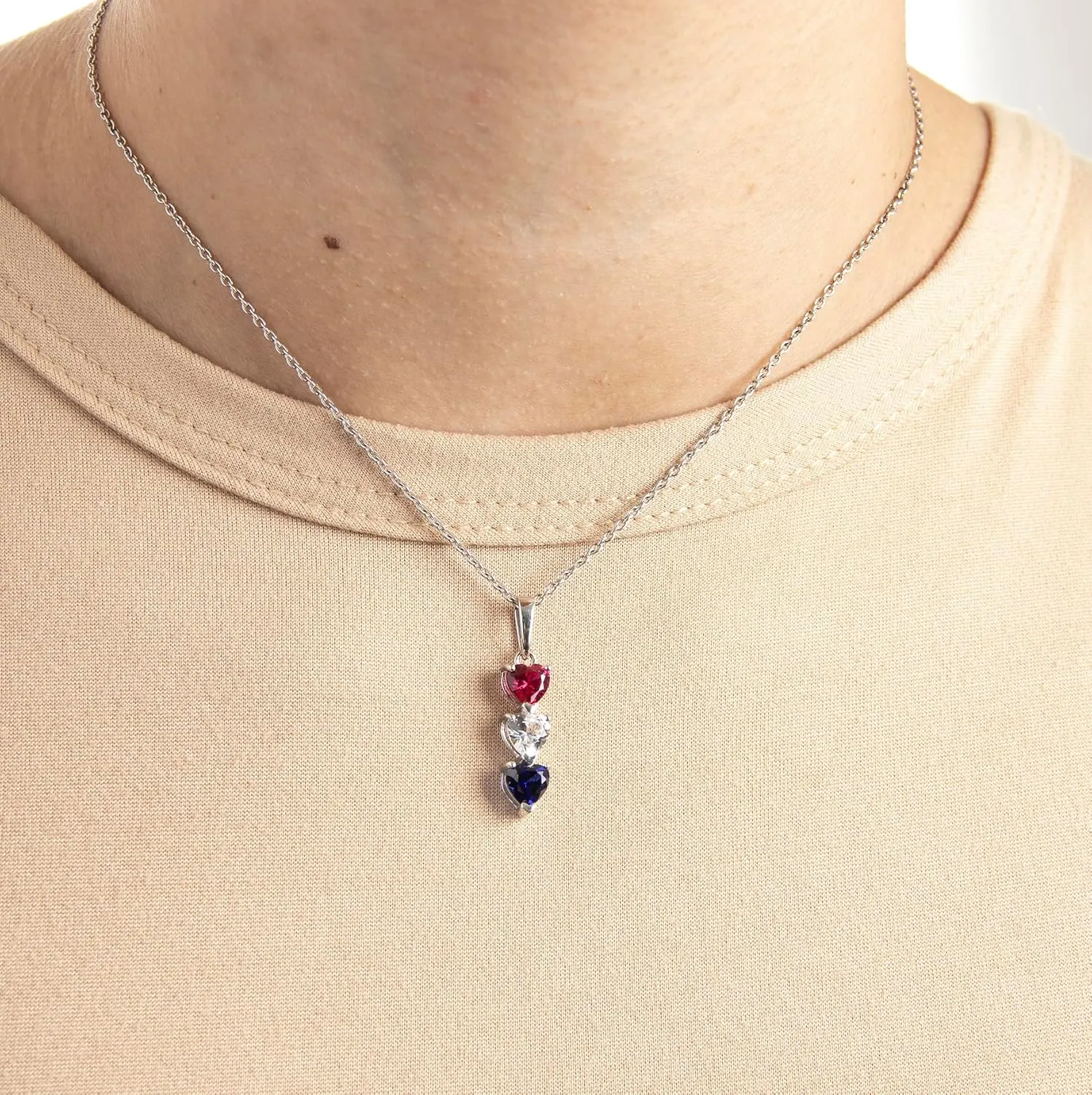 Silver Smile Sterling Silver 3 Birthstone Pendant for Women  Lab-Grown Ruby, White & Blue Gemstones  Hypoallergenic & Tarnish Resistant  925 Rhodium-Plated Pendant  Elegant Patriotic Gift for Her