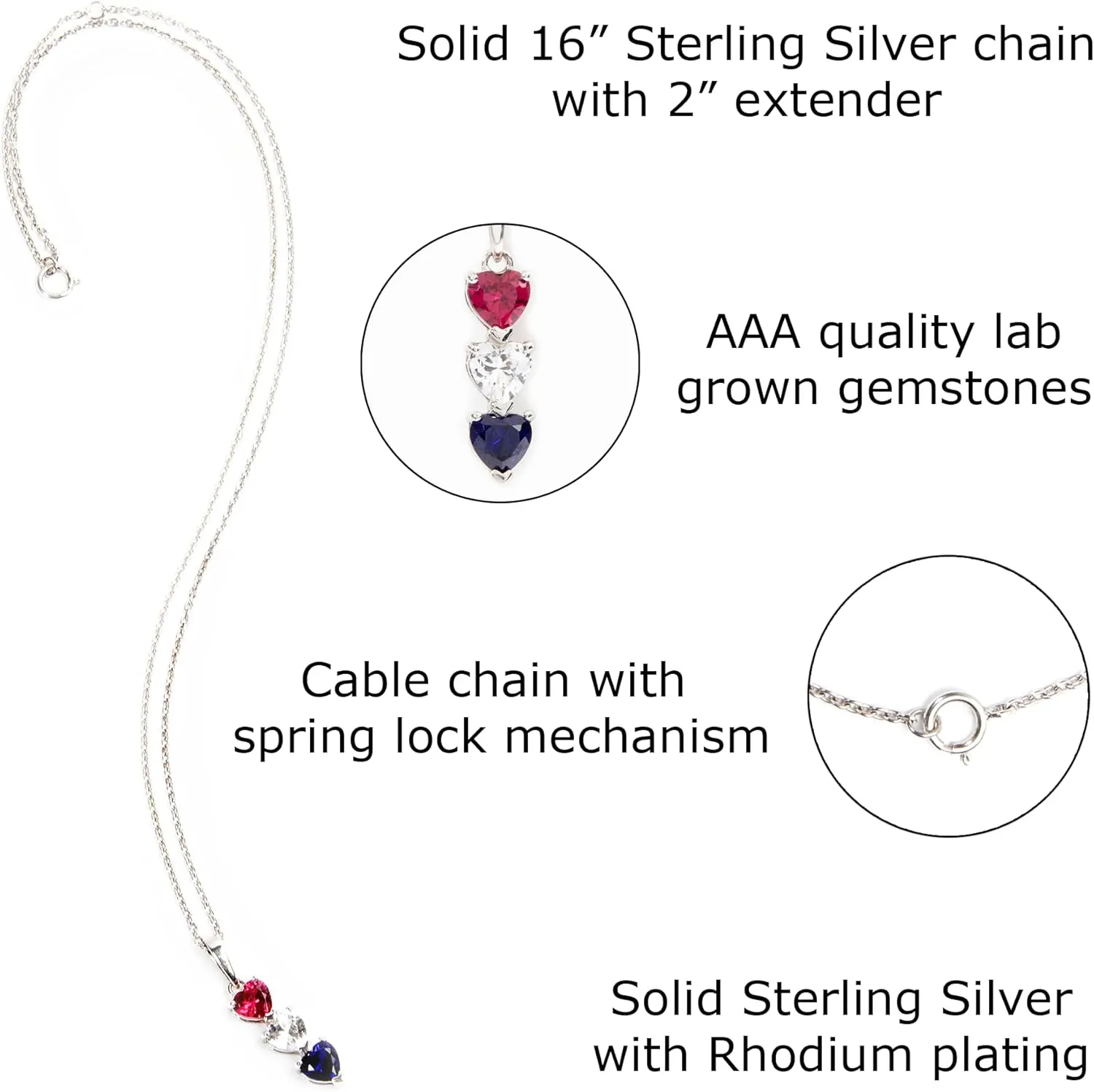 Silver Smile Sterling Silver 3 Birthstone Pendant for Women  Lab-Grown Ruby, White & Blue Gemstones  Hypoallergenic & Tarnish Resistant  925 Rhodium-Plated Pendant  Elegant Patriotic Gift for Her