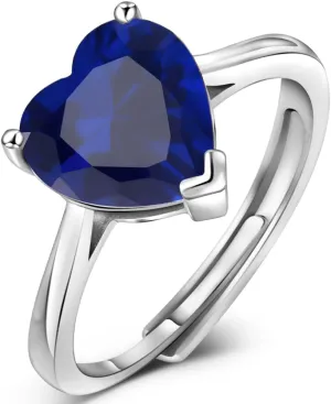 Simulated Gemstone Birthstone Adjustable Rings for Women 10 * 10mm Heart Promise Rings for Her, 925 Sterling Silver Plated Engagement Rings for Women Birthday Jewelry Gifts
