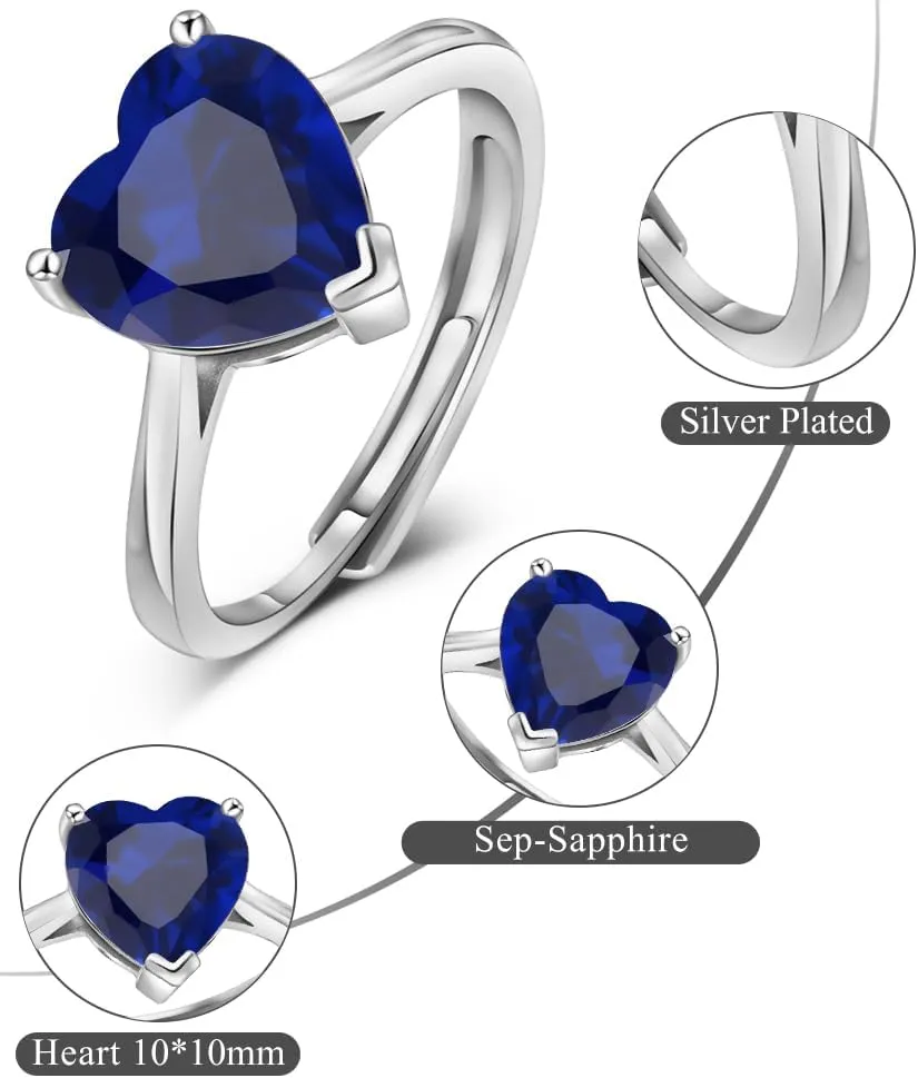 Simulated Gemstone Birthstone Adjustable Rings for Women 10 * 10mm Heart Promise Rings for Her, 925 Sterling Silver Plated Engagement Rings for Women Birthday Jewelry Gifts