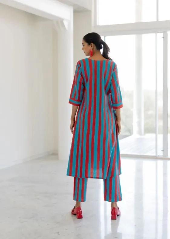Sky Fire Striped Applique Kurta Set
