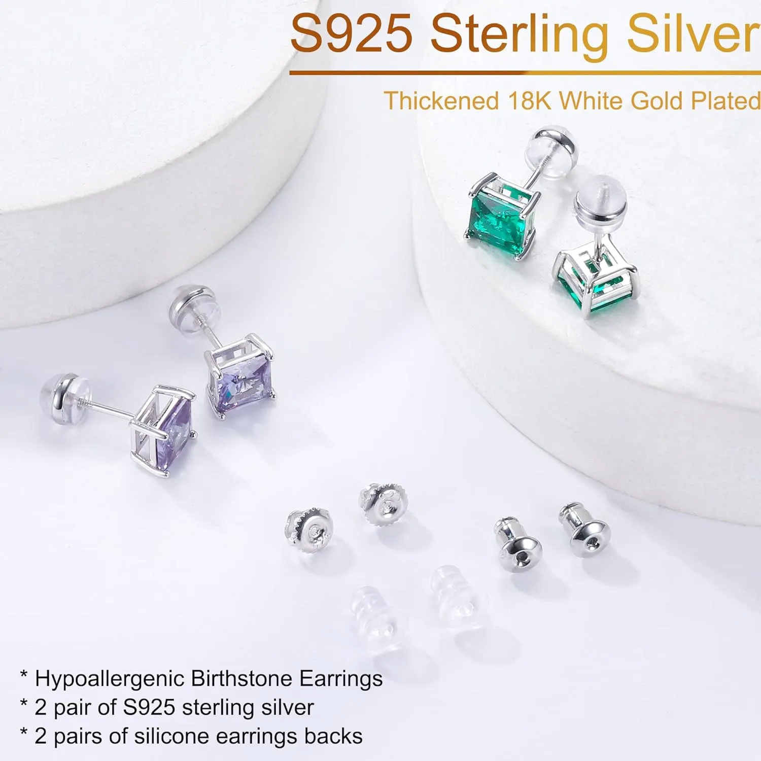 SMILEST Birthstone Stud Earrings for Women Mom, Sparkle Princess Birthstone Jewelry 18K White Gold Plated 925 Sterling Silver Screw Back Solitaire Princess Cut Birthstone Stud Earrings for Women Mom